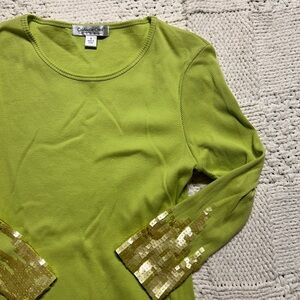 Vintage Y2K Coldwater Creek Ribbed Green Long Sleeve Shirt Beaded Sleeves